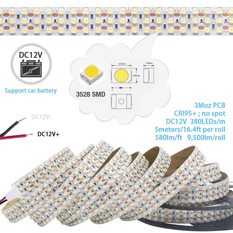 SuperLightingLED High CRl 95 LED Strip Lights 6000K Daylight White, DC12V Brightest Triple Row 1800LEDs 3528 Full Spectrum LED Strip for Photography & Display (12V 6000K 5m/16.4', Non-waterproof IP20) - Image 2